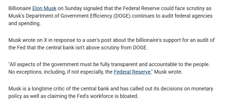 일론 머스크, "FED도 DOGE의 감사에서 예외가 아니다."