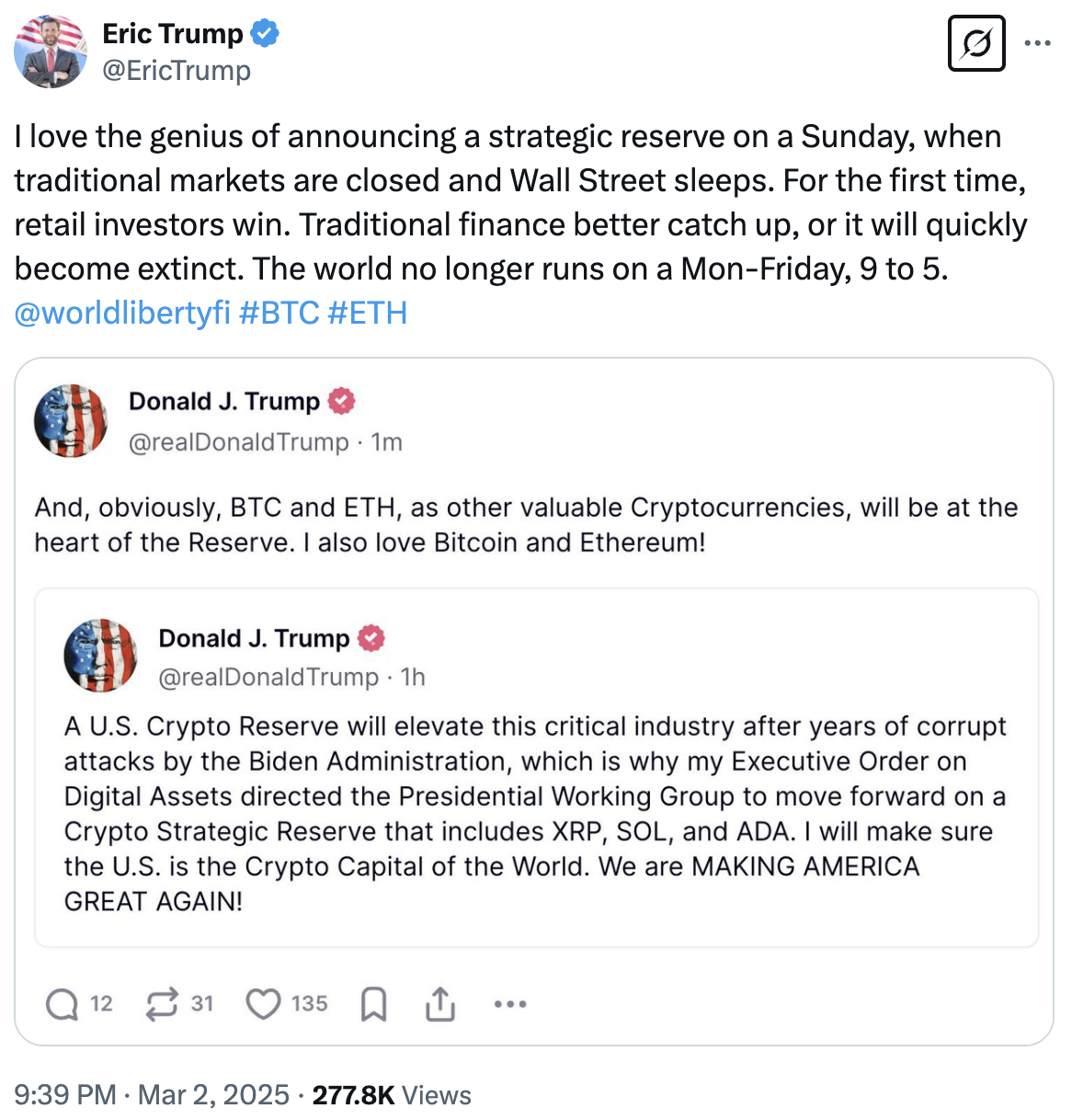트럼프 암호화폐 준비금 포스트 분석 (에릭 트럼프 언급 추가)