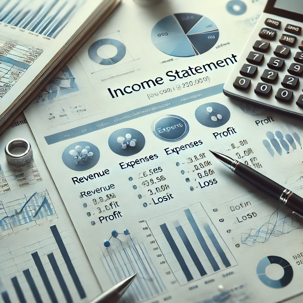 DALL·E 2025-03-11 10.29.51 - A professional and visually appealing image representing an income statement (손익 계산서). The image includes financial documents, charts, and graphs with.png
