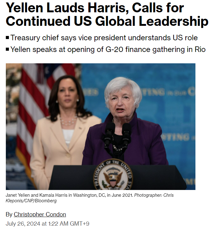 (놀라울 것도 없이) 옐런, 해리스를 지지하다.