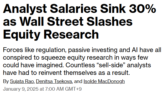 Analyst Salaries Sink 30% as Wall Street Slashes Equity Research - Bloomberg